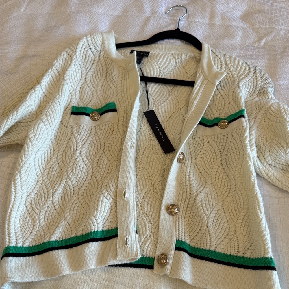 Tahari Cream Cardigan with Green and Black Trim